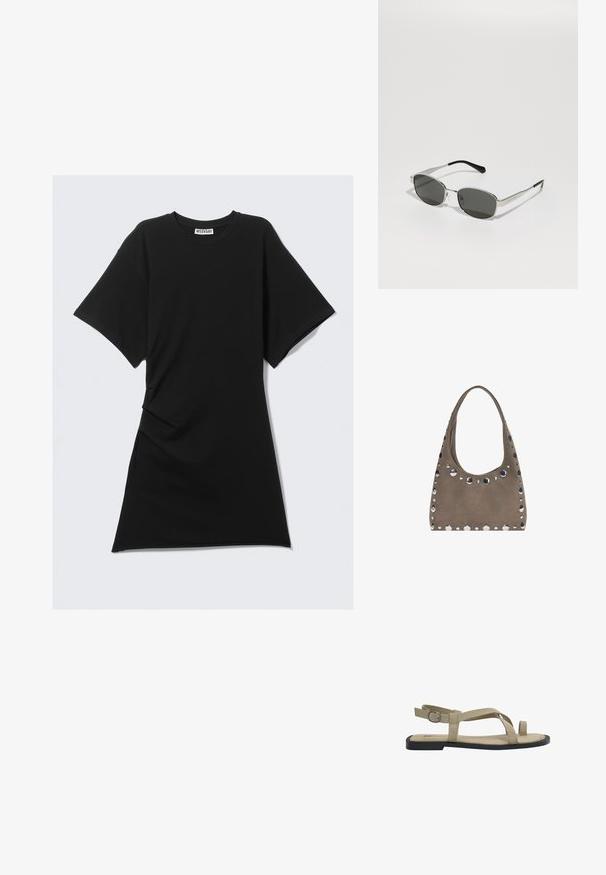 Črna bombažna obleka s kratkimi rokavi in okroglim izrezom, stranskimi draperijami in ravnim robom. Gladka textura in sproščen dizajn.; Bež nubuk sandali s ravnim podplatom, z obilnimi križnimi trakovi in nastavljivo zaponko na hrbtni strani. Minimalističen dizajn in odprta pika.; Sončna očala z sivimi lečami, vitkim srebrnim kovinskim okvirjem, prozornimi detajli in črnimi konicami na ročajih. Imajo ovalno obliko.; PULL&BEAR SHOPPER - Torba za nakupovanje - grey