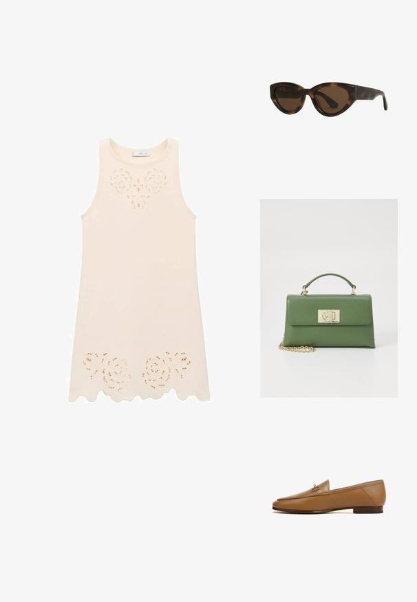 Cream sleeveless dress with floral cut-out design at the chest and scalloped hem. Made from lightweight fabric, smooth texture.; Brown leather loafer with a sleek design, flat sole, and a metallic accent on the front. Smooth texture with clean lines and minimal detailing.; Tortoiseshell cat-eye sunglasses with brown lenses, featuring smooth, glossy plastic frames and a sleek design. No visible logos or accents.; Green leather handbag with a structured shape, gold hardware, a top handle, and a detachable chain strap. Textured surface with a flap closure.; Hair clip with a white base, gold accents, and six pearl-like decorations. Features curved, wavy teeth for secure gripping.