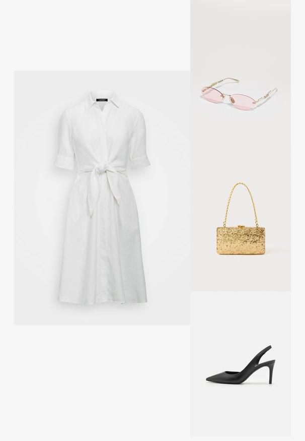 Valkoinen pellavapaita, jossa on lyhyet hihat, nappikiinnitys edessä ja nauhakiinnitys vyötäröllä. Mekossa on pehmeä rakenne ja klassinen kauluspaita.; Musta nahkainen slingback-korkokengät, joissa on terävä kärki, etuosassa leikkaus ja ohut stiletto-korko.; Gucci Aurinkolasit - gold-coloured/pink; Kultaiset paljetti-clutchet, joissa on suorakulmainen muotoilu, kierretty ketjukahva sekä metallinen lukitus, heijastavat valoa teksturoidun pinnan ansiosta.