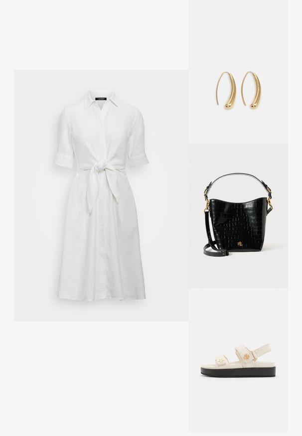 Valkoinen pellavapaita, jossa on lyhyet hihat, nappikiinnitys edessä ja nauhakiinnitys vyötäröllä. Mekossa on pehmeä rakenne ja klassinen kauluspaita.; Beige säädettävät sandaalit sileällä pinnalla, joissa on kaksi remmiä ja musta alusta. Kultainen logo jokaisessa remmissä.; Musta krokotiilinjäljitelmästä valmistettu laukku, jossa on kaareva muoto, kultaiset yksityiskohdat, säädettävä olkahihna ja logotiedot edessä.; Korvakorut kultasävytteistä metallista, joissa on kaareva, pitkänomainen muoto. Ominaisuuksiin kuuluu sileä, kiiltävä pinta ja pyöreä kärki lisäyksinä.