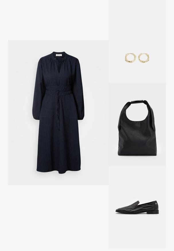 Navy blue dress with vertical pinstripes, long sleeves, pleated neckline, and a belted waist. Features two front pockets.; Scotch & Soda MILA - Slip-ons - black; Black leather hobo bag with a single, soft, rounded handle; features a smooth texture and a minimalist design. No visible hardware or accents.; Gold hoop earrings with a textured, irregular shape. Features a seamless closure and a polished surface finish, emphasizing a modern design.