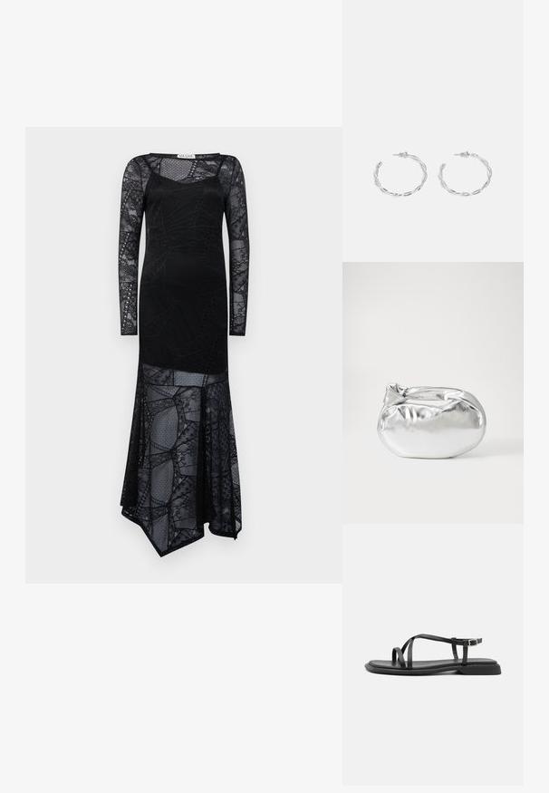 Rochie neagră cu mânecă lungă, realizată din dantelă texturată cu modele geometrice, având o siluetă ajustată și o fustă cu margine asimetrică.; Sandale negre plate cu curele subțiri ajustabile, suport pentru degete dreptunghiular și un finisaj mat texturat. Prezintă un toc jos, ușor pătrat.; Pouch bag metalizat argintiu, cu o formă moale și rotunjită și un închidere de tip nod la partea de sus. Fabricat dintr-un material sintetic din piele netedă.; Cercei din argint cu un design torsadat, având un finisaj lucios și închidere cu tijă. Au un diametru de aproximativ 3 cm.