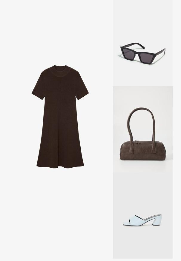 Hnědress pletené šaty s krátkými rukávy, kulatým výstřihem a rozšířenou siluetou. Texturovaná látka s vroubkovaným vzorem po celé ploše.; Světlé modré lodičky s otevřenou špicí a geometrickým designem, se širokým páskem přes nohu a masivním, úhlovým podpatkem.; Černé, ostré sluneční brýle s šedými skly; vyrobené z plastu, s mohutnými rameny a hladkým povrchem bez viditelného hardwaru.; Hnědá kožená kabelka s dvěma pevnými uchy, obdélníkový tvar, hladká textura a zipové zavírání. Minimalistický design bez viditelných vzorů.