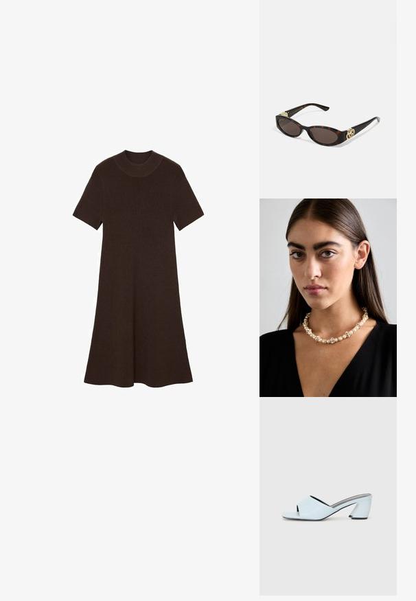 Rochie tricotată maro cu mâneci scurte, decolteu rotund și o siluetă evazată. Material texturat cu un model côtelé pe întreaga suprafață.; Muli cu toc deschis la culoare, de un albastru deschis, cu vârf deschis și un design geometric, având o curea lata peste picior și un toc masiv, unghiular.; Ochelari de soare din țiglă cu lentile ovale alungite, nuanță maro, accente cu logo auriu pe brațele laterale și brațe negre elegante.; Colier din perle și cristale cu un design rotund, mărgele în nuanțe deschise, având perle alternative și accente strălucitoare, purtat în jurul gâtului.
