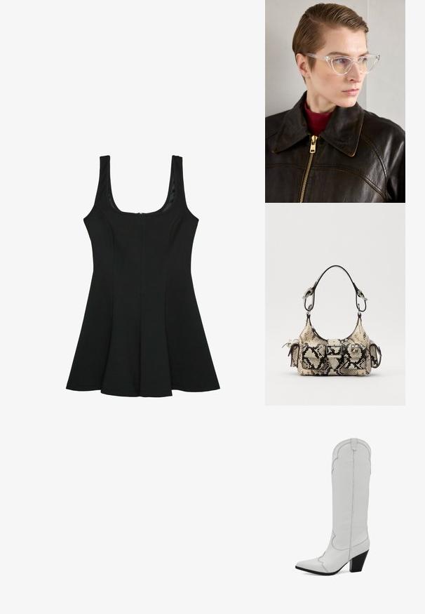 Črna brezrokavna obleka s krožnim izrezom. Sproščen A-linijski kroj, narejena iz gladkega materiala, z skritim zadrgo na hrbtni strani.; Bela usnjena škornja do kolen z ostrim nosom, z valovitim dizajnom ob vrhu in črnim blokastim peto. Gladka tekstura.; Jasne acetatne mačje oči očala z rumenimi lečami, ki jih nosi oseba v temnem usnjenem jopiču in rdečem puloverju s kratkimi rokavi. Gladka tekstura.; Python-ženska torba v bež in črni barvi, ki se ponaša z strukturirano obliko, podrobnostjo s sponko in dvema naramnicama. Teksturna površina.