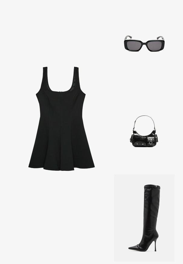 Vestito nero senza maniche con scollatura a barchetta. Silhouette a trapezio svasata, realizzata in tessuto morbido, dotato di una zip invisibile sul retro.; Simmi London PALACE - Stivali alti - black; Occhiali da sole neri rettangolari con lenti scure, montatura in plastica liscia e tempie curve. Il design è voluminoso con un'estetica minimalista.; Borsa a spalla in vernice nera con forma curvata, una tracolla, tasche frontali e dettagli in metallo argentato.