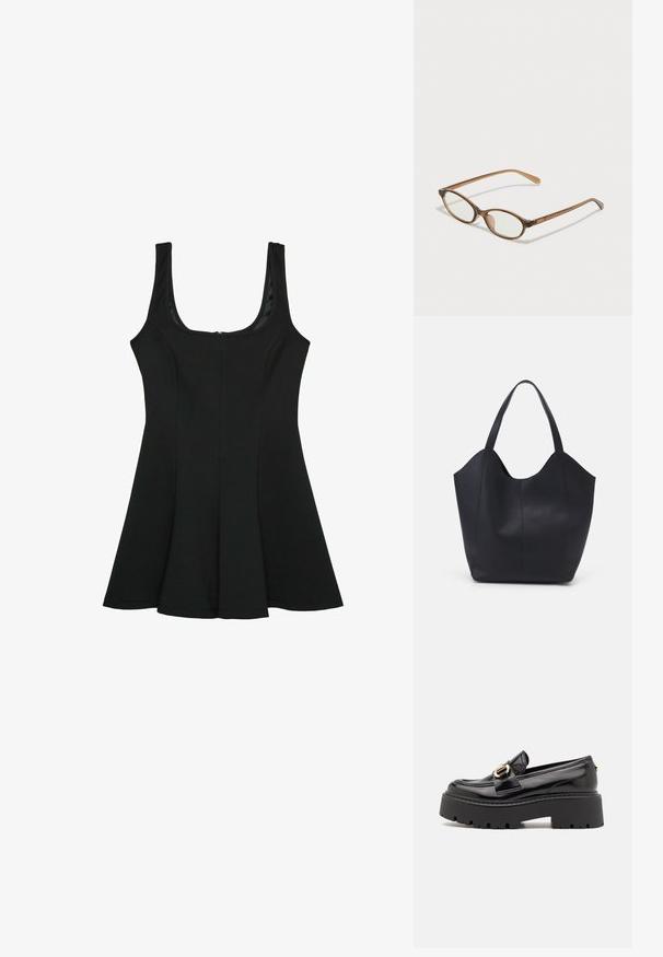 Mustat olkaimettomat mekko, jossa on pyöreä pääntie. Laaja A-linjainen siluetti, valmistettu sileästä kankaasta, jossa on piilovetoketju takana.; Steve Madden OCCUPY - Loaferit/pistokkaat - black; Ruskeat kilpikonnaruutulasiset silmälasit, joissa ovaalit linssit, ohuet varret ja läpinäkyvät yksityiskohdat. Temppeleissä on huomaamaton logo. Suunnittelultaan suora ja kevyt.; Mustat kangaskassit, jotka on valmistettu sileästä nahasta, jossa on kaareva, avoin yläosa, kaksi olkahihnaa ja minimalistinen muotoilu.; Kolme metallirenkaat pinottuna pystysuoraan: ylin on kiiltävää kultaa, keskellä harjattua hopeaa, alhaalla kiillotettua kultaa. Kaikki renkaat ovat pyöreitä ja sileitä.