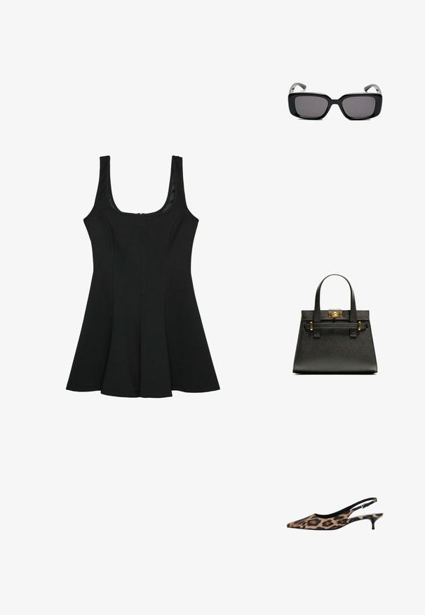 Mustat olkaimettomat mekko, jossa on pyöreä pääntie. Laaja A-linjainen siluetti, valmistettu sileästä kankaasta, jossa on piilovetoketju takana.; Mango Avokkaat - black; Mustat suorakulmaiset aurinkolasit tummilla linsseillä, sileä muovikehys ja kaarevat templet. Suunnittelu on jykevä ja minimalistinen.; Musta tekstuuriline ostukott lühikeste käepidemetega, millel on kuldne lukustus ja aktsendid. Kujundus on struktureeritud koos geomeetrilise siluetiga.