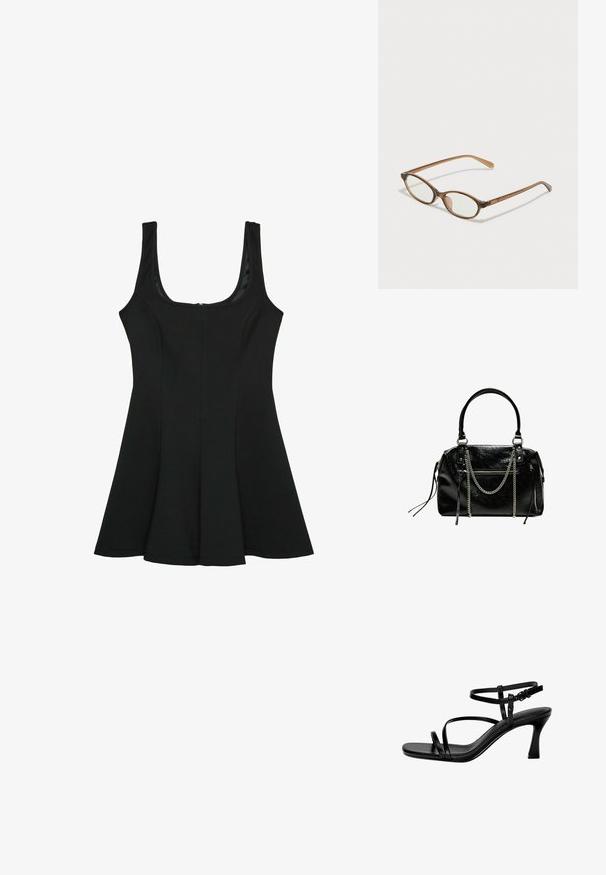 Mustat olkaimettomat mekko, jossa on pyöreä pääntie. Laaja A-linjainen siluetti, valmistettu sileästä kankaasta, jossa on piilovetoketju takana.; Mustakasta nahkaa olevat avokkaat, joissa on ohuet remmit, neliömäinen kärki ja korkea korko. Säädettävä nilkkaremmi mukauttaa istuvuutta. Sileä pinta.; Ruskeat kilpikonnaruutulasiset silmälasit, joissa ovaalit linssit, ohuet varret ja läpinäkyvät yksityiskohdat. Temppeleissä on huomaamaton logo. Suunnittelultaan suora ja kevyt.; Bershka WITH CHAIN - Käsilaukku - black