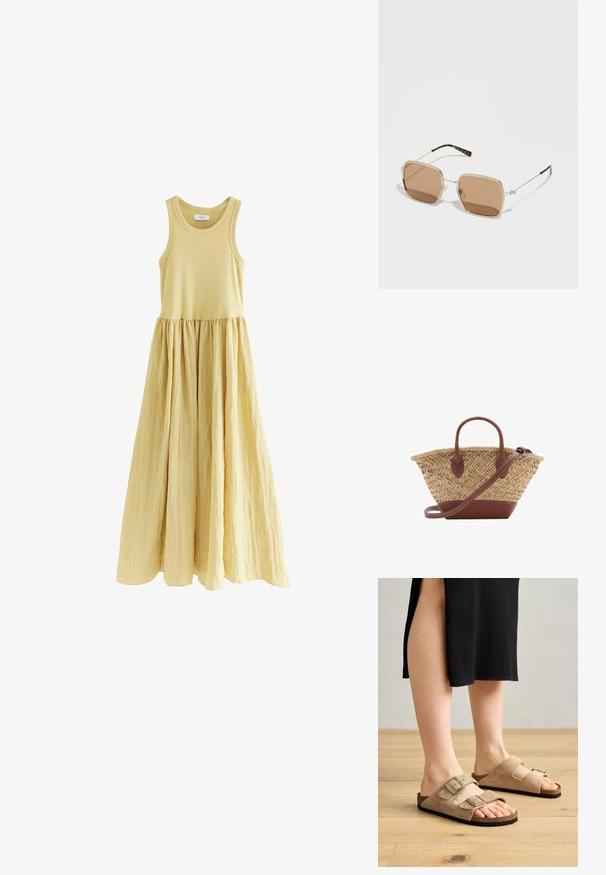 Hame juhla pitkä ilman hihoja, pehmeän keltaisena. Istuva yläosa, A-linjainen, ryppyinen helma. Sujuva kankaan rakenne ja hyvin määritelty vyötärölinja.; Beige mokkanahka sandaalit, joissa on kaksi säädettävää hihnaa, korkkipohja ja kumi-ulkopohjat, esiteltyinä jaloissa puupohjan taustalla.; Kultaiset metalliset aurinkolasit neliömäisellä muotoilulla, ruskeilla sävyillä varustetut linssit ja hillityt vihreät ja punaiset yksityiskohdat kehykset. Hankalat, tyylikkäät varret.; Kudottu olkilaukku ruskeilla nahkaosilla, kahdella kahvalla ja irrotettavalla hihnalla. Koukkumainen muoto, jossa tukeva pohja.; Kultainen sävyinen rannekoru, jossa on sileä pinta ja seitsemän kirkasta strassikiveä tasaisesti sijoitettuna korun ympäri. Kaiverrettu logo sisäpuolella.