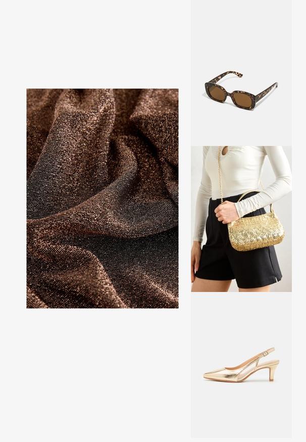 Lesklá tkanina v tmavohnedých odtieňoch, s jemným textúrovaným povrchom a drobnými reflexnými vláknami, ktoré vytvárajú nenápadný lesk.; Zlaté metalické slingback topánky s špicatou špičkou, miernym opätkom a nastaviteľným pásikom. Hladký povrch, elegantný dizajn a otvorené strany.; Slnečné okuliare v tortoiseshell štýle s okrúhlym, robustným rámom a hnedými šošovkami. Má jemné vzory a rovné, zoštíhlené ramená.; Zlatá sequinová kabelka s obdĺžnikovým tvarom, vybavená krátkym rúčkom a dlhým reťazovým popruhom. Povrch je lesklý a reflexný.