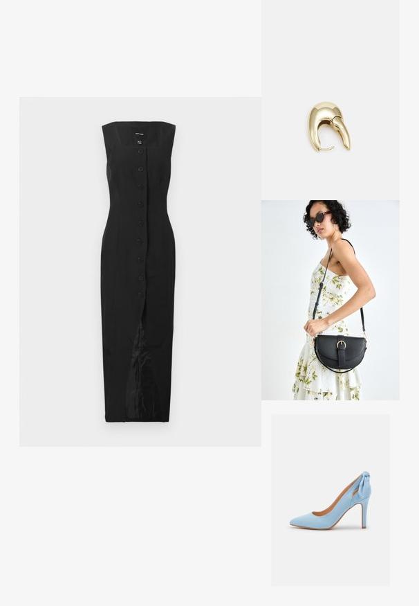Black sleeveless midi dress with square neckline, front button closure, and center slit, displayed on a plain white background.; Light blue suede high-heeled shoe with a pointed toe and a small bow accent at the back. Features a sleek design and tan insole.; Black leather handbag with a curved shape, detachable strap, and gold hardware. The bag features a flap with a buckle detail.; Gold-tone metal earring with a sleek, curved design. Features a distinctive pointed shape, polished surface, and hinge closure.