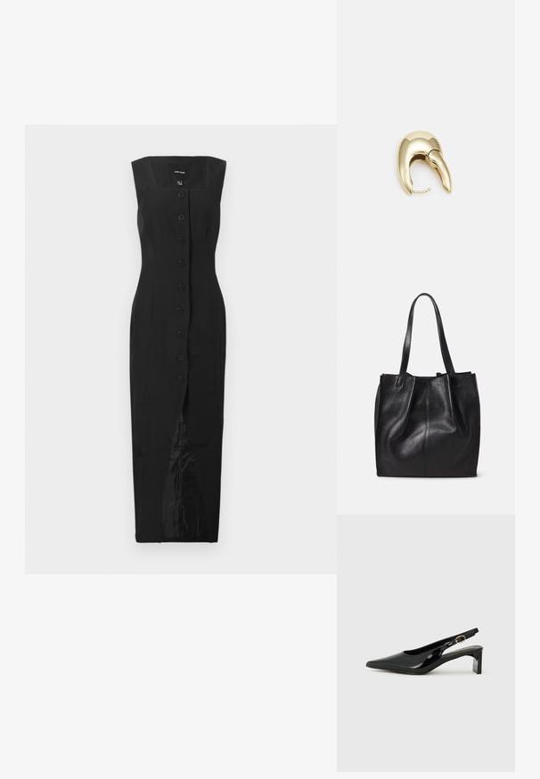 Melna bez piedurknēm midi kleita ar kvadrātveida dekoltē, priekšējo pogu aizdari un centrālo šķēlumu, attēlota uz vienkārša baltā fona.; Melnas laku ādas sandalītes augstpapēžu kurpes ar smailo degunu, taisnstūra blokveida papēdi un zelta toņu aparatūras akcentu.; Melna ādas somiņa ar teksturētu virsmu, vienu nodalījumu un divām garām rokturām. Mīksta, nestrukturēta forma bez redzamām detaļām.; Zeltīti metāla auskari ar gludu, izliekta dizaina. Ar atšķirīgu smailu formu, pulētu virsmu un eņģu aizdari.