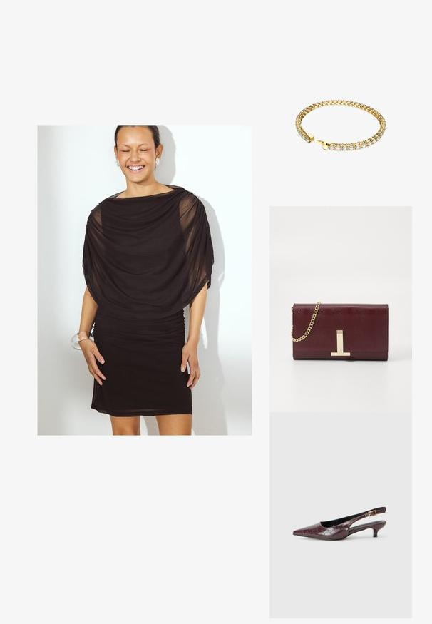 Čierne šaty s prekladanou, priesvitnou látkou a naberaním. Krátka dĺžka, priliehavý strih. Modelka nosí priehľadný náramok na zápästí.; Burgundské sandále na podpätku s úzkym špikom a krokodílou textúrou, nízkym podpätkom a zlatou sponou na remienku. Hladké vnútorné podšívka.; Burgundská štruktúrovaná imitácia kožená kabelka s zlatým reťazovým popruhom a kovovým zapínaním. Obdĺžnikový tvar, hladký povrch, minimálne detaily.; Náhrdelník zlatoružovej farby s flexibilným dizajnom a viacerými priehľadnými zirkónovými kameňmi usporiadanými v prepojenom vzore, ukončený uzáverom na zapínanie.