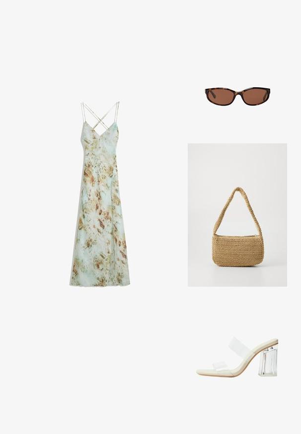 Maxi šaty na tenké ramínka se světle zeleným, akvarelovým vzorem a hnědými přírodními akcenty. Hladká tkanina s volným střihem.; Sandály s průhlednými podpatky, které mají průhledné popruhy, béžovou stélku a masivní průhledný blokový podpatek. Elegantní a hladký design s minimálním estetickým pojetím.; Kočičí sluneční brýle s hnědými skly, štíhlý oválný tvar a lesklý povrch. Disponují jemnými stříbrnými akcenty na obrubách.; Tkaná slaměná kabelka s zaobleným, strukturovaným tvarem. Obsahuje zakřivený ramenní popruh, světle béžovou barvu a zipové uzavírání.