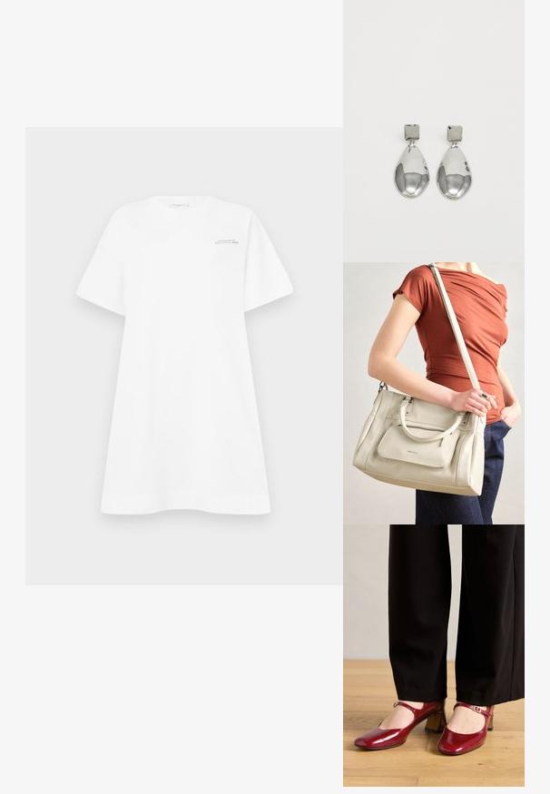 White cotton T-shirt dress with wide sleeves, round neckline, and logo print on the chest. Features a loose, relaxed fit and smooth texture.; Red patent leather Mary Jane heels with a square toe, a strap across the instep, and a low block heel. Worn with black pants.; White leather handbag with dual handles and a detachable strap, featuring a front zip pocket and smooth texture. Carrying on a person's arm.; Silver drop earrings with a square stud, featuring a smooth, polished finish and a teardrop shape, reflecting light with a glossy surface.