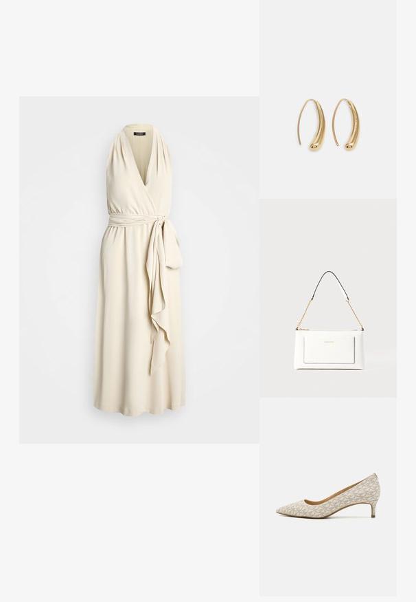 Lauren Ralph Lauren GEORGETTE HALTER COCKTAIL DRESS - Kokteilikleit/peokleit - mascarpone cream; Koonuseline varbaga pump beezist kangast koos geomeetrilise mustriga, millel on madal konts ja sujuv siluett. Silumine tekstuur ja minimaalsed aktsendid.; Valge nahast kott tekstureeritud viimistlusega, millel on kuldne kettling ja mustad aktsendid. Include eesmine tasku ja tõmblukk.; Kuldtoonilised metallist rõngas kõrvarõngad, millel on kõver ja piklik kuju. Omavad siledat, läikivat pinda ja ümarat tipptugevdust, mis lisab detaili.