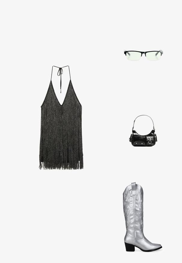 Top à bretelles à franges en tissu noir texturé avec des accents métalliques, présentant un décolleté en V profond et des bretelles réglables.; Boots de cowboy en Similicuir argenté avec un bout pointu, des détails brodés et un talon bloc. Comprend une languette pour un enfilage facile.; Lunettes noires rectangulaires avec des verres transparents, présentant des montures noires élégantes et des embouts de branches transparents gris. Design minimaliste, sans marquage visible.; Sac à main en cuir verni noir avec une forme incurvée, une bandoulière, des poches avant et des accents en métal argenté.