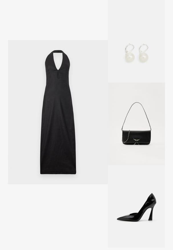 Cult Gaia LIANNA DRESS - Maxikleid - black; Schwarze Lackleder-Pumps mit hohen Absätzen, spitz zulaufender Zehenform und einem eckigen Stiletto-Absatz, die eine glatte, glänzende Textur aufweisen.; Schwarze Lederhandtasche mit einem silbernen Kettenriemen, verziert mit dekorativen Flügelakzenten und weißen Nähten entlang der unteren Naht.; Perlenohrringe mit polierter Oberfläche, ausgestattet mit einem silberfarbenen Karabiner und runden, weißen Perlen. Einfaches, klassisches Design.