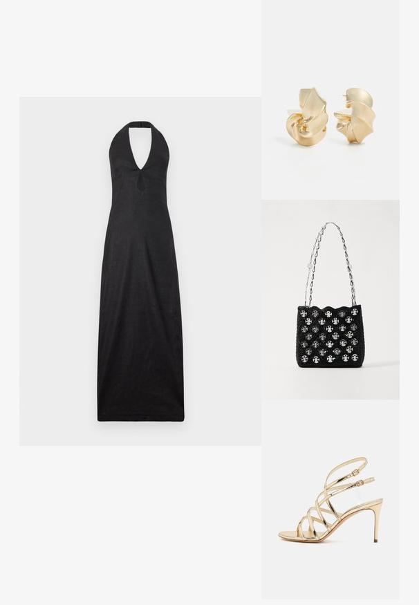 Cult Gaia LIANNA DRESS - Rochie maxi - black; Casadei JULIA INTERSTELLAR - Sandale cu toc - glass/platino; Rabanne Geantă de mână - black/silver; Cercei din metal aurit cu textură, având un design sculptural, în spirală. Prezintă suprafețe netede și curbe care reflectă lumina.