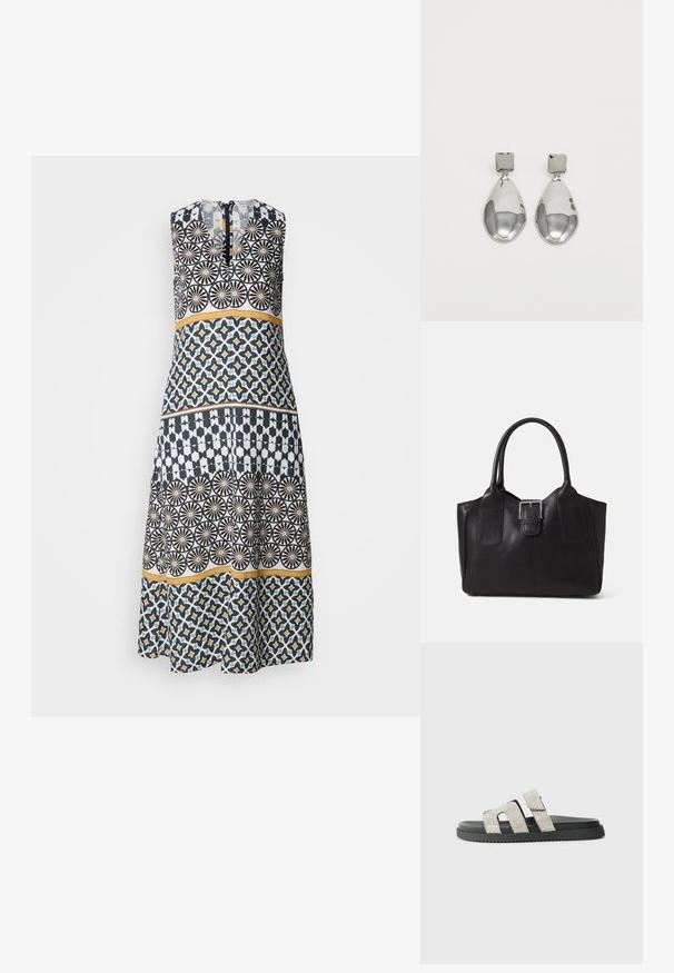 Mekko, joka on valmistettu kankaasta, jossa on sekoitus geometrisia kuvioita tummansinisessä, valkoisessa ja keltaisessa. Olkaimeton malli, jossa on vetoketjuyksitys selässä.; Musta pohja liukusandaali, jossa on kaksi pystysuoraa nauhaa, joissa on hopeakirkkaita strasseja, litteä muotoilu, kuminen pinta ja hienovarainen kulutuspinta.; Musta nahkainen olkalaukku, jossa on sileä pinta, ryhdikäs muoto, kaksi kahvaa ja silmienpistävä hopeinen solkiyksityiskohta edessä.; Hopeakoru drop -korvakorut, joissa on neliömuotoinen nappi, sileällä, kiillotetulla pinnalla ja pisaran muotoisella designilla, heijastavat valoa kiiltävän pinnan kautta.