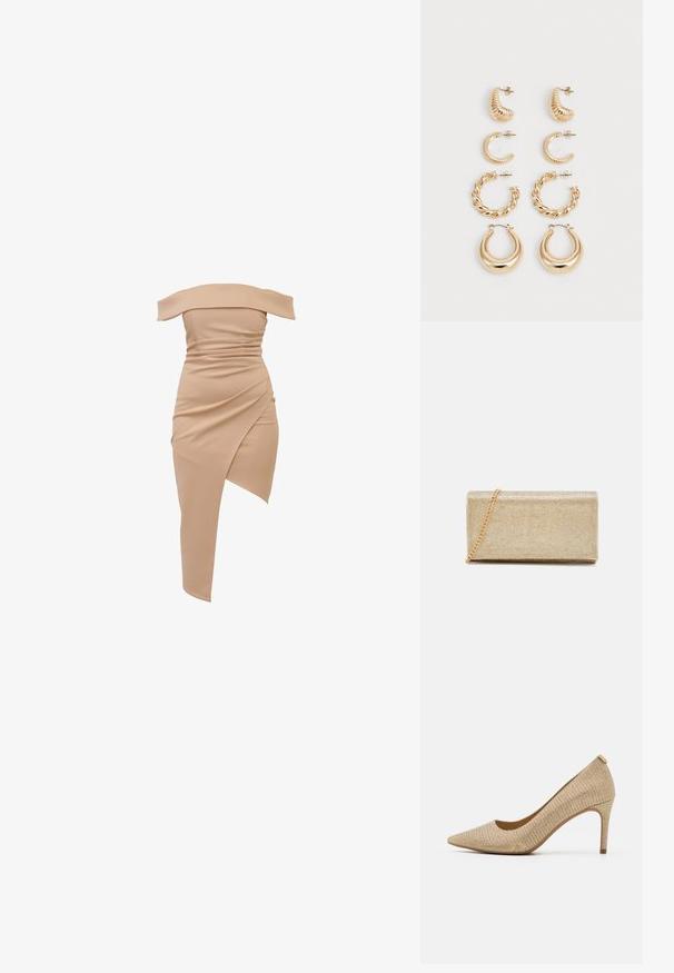 Asimetrična haljina s jednog ramena u bež boji, s naboranim teksturama i dijagonalnim donjim rubom s jedne strane, izrađena od rastezljivog materijala.; Biege cipele s visokom potpeticom i šiljastim vrhom, izrađene od teksturirane tkanine, s uskom potpeticom i suptilnim sjajem za dodatne detalje.; Zlatna metalik torbica s teksturiranom površinom, koja ima lančanu naramenicu i pravokutni oblik, dizajnirana za večernju upotrebu.; Set od pet zlatnih naušnica, koje se odlikuju različitim dizajnima: uvrnuti, rebrasti i glatki površine u obliku obruča i polumjeseca.