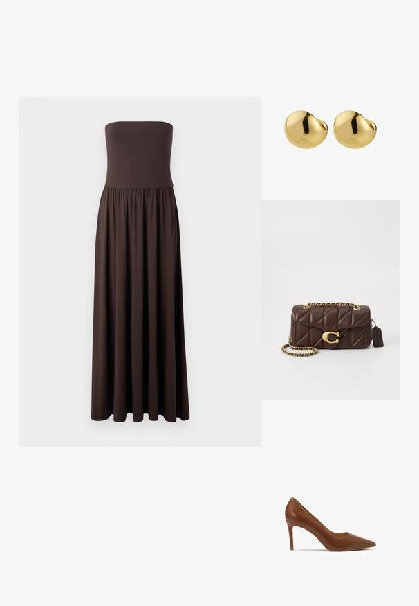Sandalna smeđa maksi haljina bez naramenica izrađena od mekog materijala, s tijesnim korzetom i lepršavom, nabranoj suknji koja omogućuje slobodu kretanja.; Smeđe kožne cipele s visokom potpeticom i špicastim vrhom, s glatkom teksturom i elegantnim siluetom, visinom od otprilike 7,5 cm.; Prljavo smeđa kožna torba sa quilted dizajnom, zlatnim lančanim remenom, zlatnim metalnim detaljima i istaknutim kopčanjem. Ima teksturirani uzorak.; Pilgrim JACE - Naušnice - gold-coloured