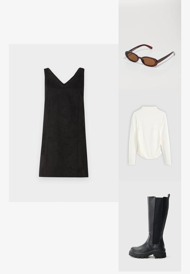 Juoda be rankovių suknelė su V formos iškirpte, pagaminta iš minkštos medžiagos, turinti tiesų kirpimą ir minimalų dekoravimą. Lygus paviršius.; Ilgaapykaklė viršutinė dalis, pagaminta iš krem-color audinio, su nedidelėmis raukšlėmis šonuose ir klasikiniu apykaklės dizainu. Lygi tekstūra, paprastas dizainas.; Juodi iki kelių aukščio batai, turintys lygaus odos paviršių ir kontrastingas elastines šonines panele. Masyvūs guminių padų su ryškiu protektoriumi.; APvalūs, rudos spalvos saulės akiniai su blizgia burgundinės spalvos rėmeliu. Plonos šakutės su subtiliu ženklinimu. Lygus objektyvo dizainas.; Austinta bordo spalvota odinė rankinė su apvalia forma, storu rankenu ir užtrauktuku. Turinti lygų paviršių ir persipynusį raštą.