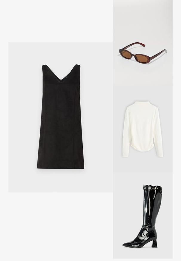 Zwart mouwloos jurkje met een V-hals, gemaakt van een zacht materiaal, met een rechte snit en minimale details. Soepele textuur.; Langsleeve top in crème kleurige stof, met een lichte gathering aan de zijkanten en een klassieke kraag. Glad oppervlak, eenvoudig design.; Zwarte lakleren kniehoge laars met een spitse neus, geometrische blokhak en glanzende afwerking, voorzien van een decoratieve knoopaccent bovenaan.; Ronde, bruin getinte zonnebril met een glanzend bordeauxrood frame. Slanke pootjes met subtiele merkdetails. Vlakke lensontwerp.