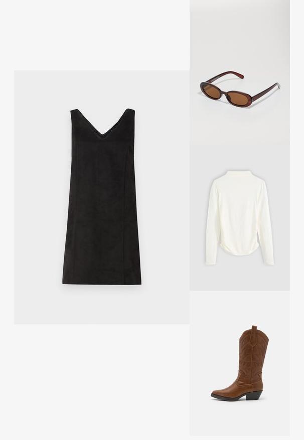 Melna bezdiega kleita ar V-veida kakla izgriezumu, izgatavota no mīkstas auduma, ar taisnu piegriezumu un minimālu detaļu skaitu. Gluda tekstūra.; Ilgi piedurkņu tops krēmkrāsas audumā, ar nelielu savilkumu sānos un klasisku apkakli. Gluda tekstūra, vienkāršs dizains.; ONLY SHOES ONLBRONCO - Kovboju/motociklistu tipa zābaki - brown; Apaļas, brūnīgi nokrāsotas saulesbrilles ar spīdīgu bordo rāmīti. Šauri kāti ar diskrētu zīmola detaļu. Plakana objektīva dizains.; Austā burgundijas ādas soma ar noapaļotu korpusu, biezu rokturi un ar rāvējslēdzēju atveramu aizvēršanu. Tai ir gluda tekstūra un pinumu raksts.