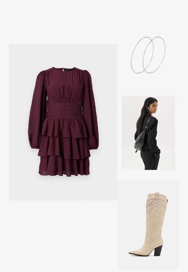 Burgundy tiered dress with long puff sleeves, a smocked waistline, and textured fabric. Features ruffle accents at the hem.; Even&Odd Cowboy/Biker boots - beige; Woman with long dark hair wearing a black suit, carrying a black leather shoulder bag, looking over her shoulder against a white background.; Silver hoop earrings with a minimalist design. Circular shape, smooth texture, and thin profile. Lightweight with a polished finish.