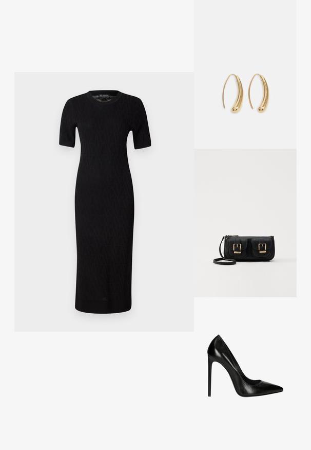 Czarna dzianinowa sukienka midi z krótkimi rękawami, z geometrycznym wzorem i okrągłym dekoltem. Gładka faktura i dopasowany krój.; Czarne skórzane szpilki z ostrym noskiem i gładką fakturą. Charakteryzują się smukłym kształtem i cienkim obcasem.; Czarna skórzana torba na ramię z dwoma przednimi kieszeniami, złotymi klamrami, zamkiem błyskawicznym i cienkim paskiem. Teksturowana powierzchnia i kompaktowy prostokątny kształt.; Złote metalowe kolczyki w kształcie obręczy o zakrzywionym, wydłużonym kształcie. Posiadają gładką, błyszczącą powierzchnię oraz zaokrąglony koniec dla dodatkowego efektu.