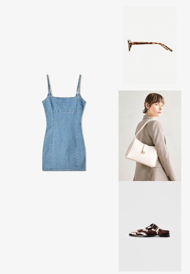 Jeansklänning i ljusblått, med tunna axelband, strukturerad byst och en figurnära silhuett med sömdetaljer och rak halsringning.; Bruna och vita läder-mules med ett utskuret mönster, försedd med en sidospänne och en låg svart klack. Mjuk, texturerad yta.; Sköldpaddsmönstrade solglasögon med en tjock ram, lätt böjda skalmar och en jämn yta. Har en klassisk design med en glansig finish.; Vit läderhandväska med en strukturerad design, med en magnetknäppning och en axelrem, visad mot en neutral bakgrund.