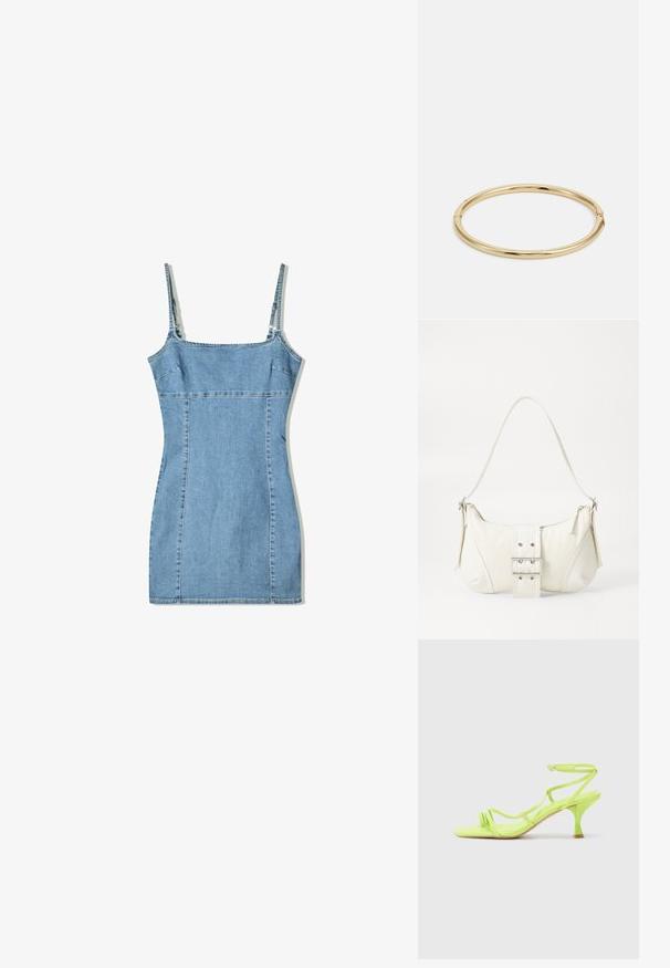 Džínsové šaty v svetlom modrom odtieni, s tenkými ramienkami, štruktúrovaným korzetom a priliehavým strihom so švovými detailmi a rovnom límcom.; Neon zelené sandále na vysokom podpätku so štvorcovou špičkou, tenkými remienkami, prackou okolo členka a zakriveným podpätkom. Hladký materiál s lesklým povrchom.; Biela taška cez rameno s textúrovaným povrchom, centrálnou prackou a zakriveným tvarom. Zipsy na oboch stranách.; Zlatý náramok s hladkým, lesklým povrchom, s okrúhlym tvarom a jemným detailom zapínania.