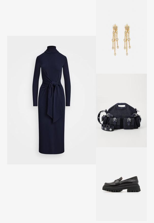 Robe bleue marine à manches longues avec col montant fictif et détail de taille nouée. Fabriquée en tissu lisse, elle présente une silhouette ajustée et une longueur midi.; Maje Escarpins à plateforme - noir; Sac en denim bleu foncé avec une forme arrondie, plusieurs poches extérieures, une bandoulière réglable et des détails en métal argenté. Poignée supérieure incluse.; Boucles d'oreilles en ton or avec plusieurs chaînes en cascade, présentant des accents en strass ovales transparents et des dessus à clous décoratifs.