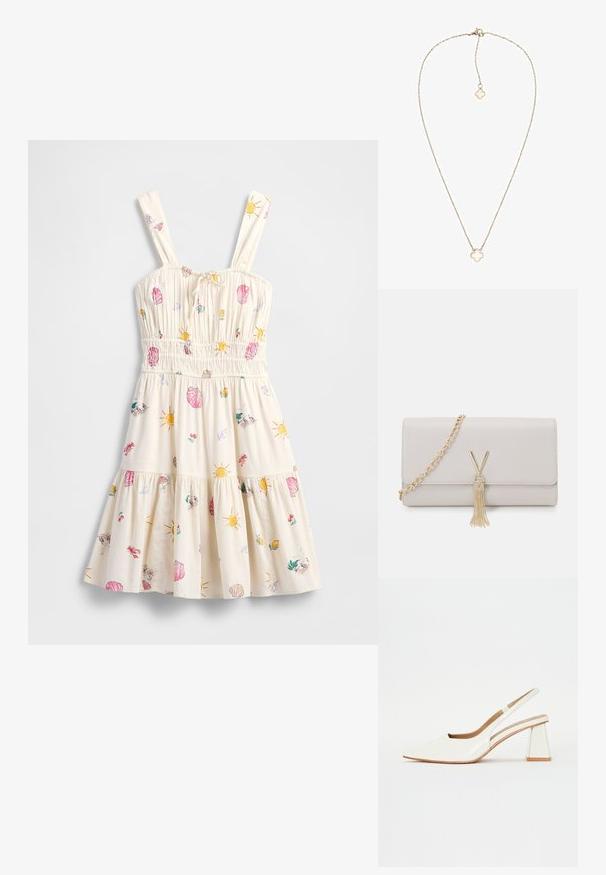 Ljusbeige klänning med tunna axelband, smockad överdel, kjol i flera lager och färgglada snäcks- och solmotiv. Tillverkad av mjukt tyg med avslappnad passform.; Vita lackläder slingback-sko med spetsig tå och geometrisk klack. Insidan har en tan-färgad innersula och minimala sidoutskärningar.; Ljust grå faux läderhandväska med guldkedjesnodd, som har ett V-format lås och en fransdetalj. Slät textur, rektangulär form.; Guldtonad kedjearmband med en blommiformad berlock med en genomskinlig mitt. Fina länkar och kobrakrok.