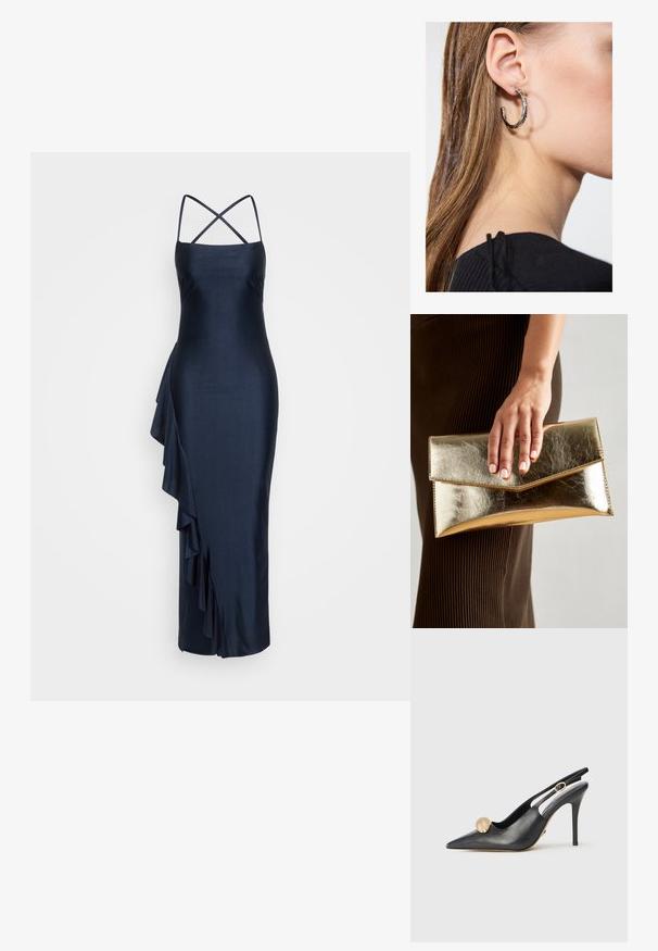 Tumesat silmusega satiinist kleit, millel on õhukesed risti minevad sangad, asümmeetriline volaan detail küljel, kehakinnitus siluett ja põlvini ulatuv lõpp.; Mustast nahast slingback-tasapinna kingad terava varbaga, kuldne pallikujuline aksessuaar ja peen kont. Üksikasjades on välja lõigatud disain sinna, kus pahkluu.; Kuldne metallist käekott, millel on sile tekstuur ja kolmnurkne klapp. Kotti hoidev käsi on hoolikalt maniküüritud küüntega.; Hõbedane rõngas kõrvarõngas poleeritud viimistlusega, millel on väikesed kuldsed aktsendid ja ümmargune kuju, kantud lobus.