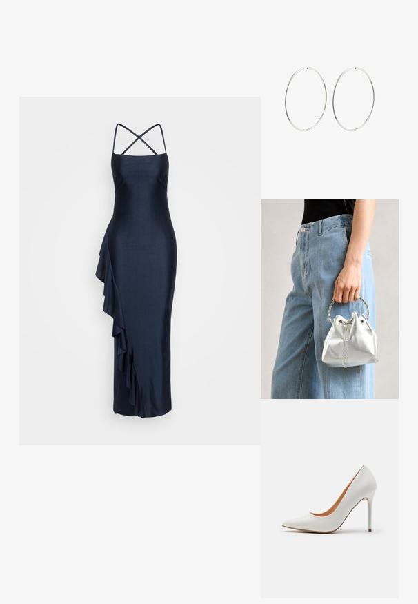 Jūras spēku satīna kleita ar plānām krustotām siksnām, asimetriska ruļļa detaļa sānos, pieguļošs siluets un ceļa garuma apakšmala.; Balti lakoti ādas augstpapēžu apavi ar norādītu pirkstu un slaidu stilētu papēdi, ar gludu tekstūru un bēgļu iekšpusi.; Metāliskā sudraba somiņa ar teksturētu apdari, rotāta ar sudraba apaļu rokturi un aukliņu aizdari, turēta pretī gaišziliem džinsiem.; Sudraba riņķa auskari ar gludu, apaļu dizainu un pulētu apdari. Tie ir plāni un viegli, ar vienkāršu aizdari.