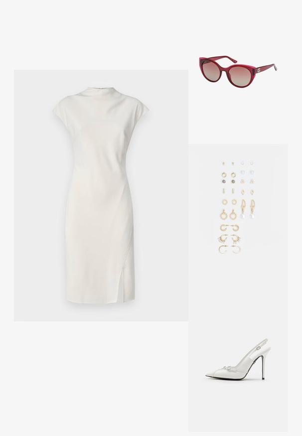 Rochie albă, fără mâneci, cu decolteu înalt și fante laterală. Textură netedă, design ajustat și stil minimalist.; Pantofi slingback din piele patent albă, cu vârf ascuțit, toc subțire și accente decorative cu catarame pe partea superioară.; Ochelari de soare roșii cu lentile degradate, rame din plastic lucios și un accent distinctiv cu logo-ul „G” pe braț.; Set de cercei aurii, cu diverse designuri, inclusiv cercei tip stud, cercei hoop și cercei lungi cu perle și strassuri.