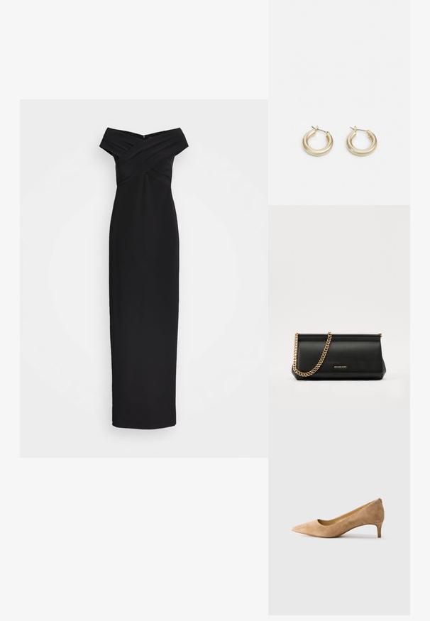 Juodas, off-the-shoulder maksi suknelė su kryžminiu klostytu liemeniu ir siauru siluetu. Lygus audinys, grindims siekianti suknelė su užpakaline užtrauktuko uždarymo sistema.; Šviesiai rudos suknelės bateliai su smailiu pirštu ir žemu kulnu, šoninis vaizdas ant baltos fono.; Juodas odinis delninukas su auksine grandine, turintis lygų paviršių, stačiakampį išmatavimą ir įspaustą prekės ženklą priekyje.; Lauren Ralph Lauren BASIC SMALL HOOP - Auskarai - gold-coloured