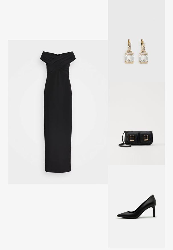 Rochie maxi neagră, cu umerii descoperiți, cu un bust pliat prins în cruce și o siluetă elegantă. Material neted, design până la podea, cu închidere cu fermoar la spate.; Pantofi cu toc înalt, negri, din piele netedă, cu vârf ascuțit și toc subțire stiletto. Design minimalist, fără embellishments vizibile.; Geantă neagră din piele, tip crossbody, cu două buzunare frontale, catarame aurii, închidere cu fermoar și o curea subțire. Suprafață texturată și formă rectangulară compactă.; Cercei aurii care prezintă un cristal clar, rectangular, suspendat sub un rând de accente mici, rotunde, clare. Design elegant și modern.