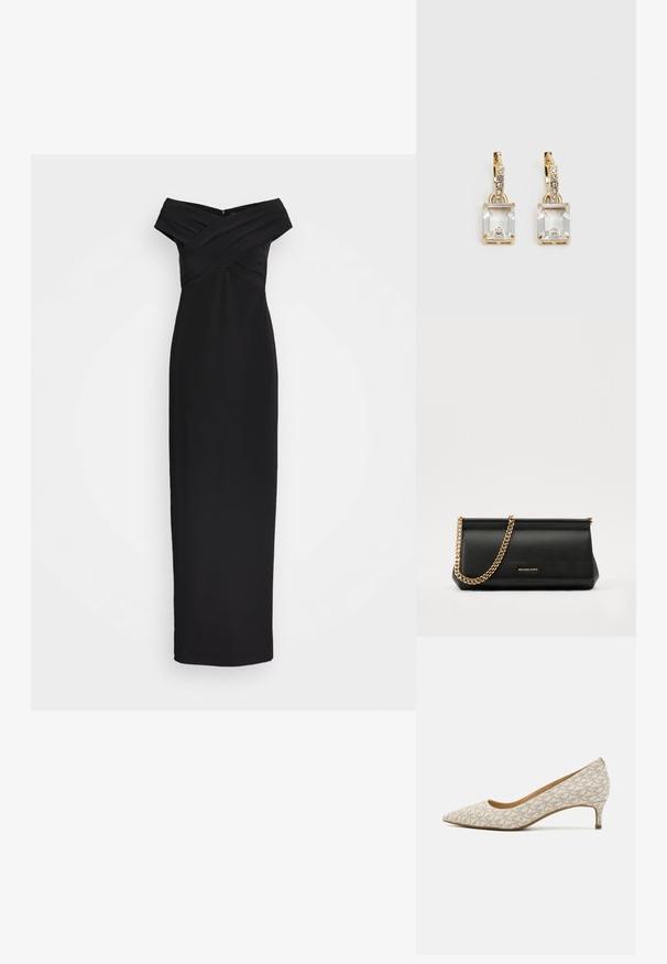 Robe maxi noire, décolletée une épaule avec un corsage plissé croisé et une silhouette slender. Tissu lisse, design longueur sol avec fermeture éclair au dos.; Pointe de chaussure beige en tissu avec un motif géométrique, dotée d'un petit talon et d'une silhouette épurée. Texture lisse et accents minimaux.; Sac à main en cuir noir avec une bandoulière en chaîne dorée, présentant une texture lisse, une forme rectangulaire et une marque embossée à l'avant.; Boucles d'oreilles en or lumineux avec un cristal rectangulaire transparent pendent sous une rangée de petits accents ronds transparents. Design élégant et moderne.