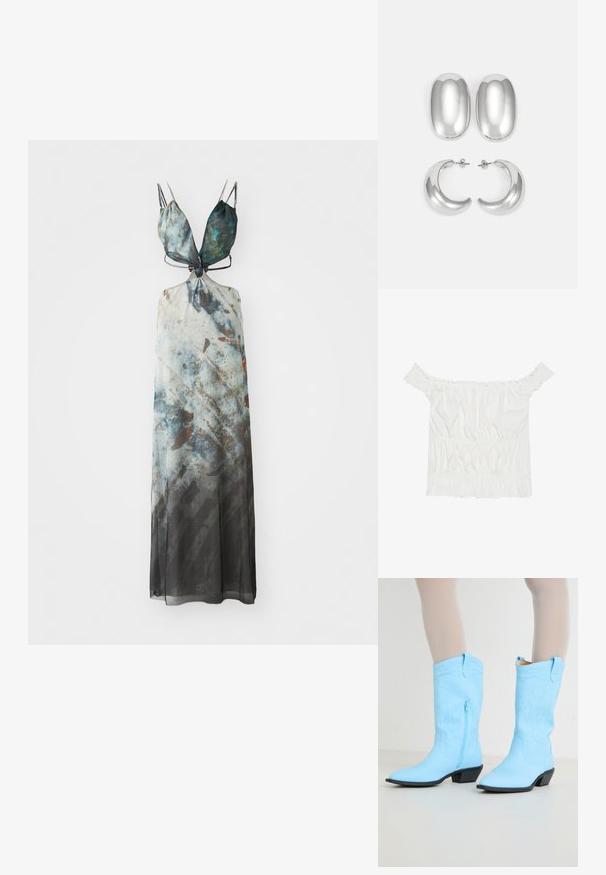 Maksimāla kleita ar regulējamiem spageti siksniņām, kurai ir abstrakts raksts zilā, pelēkā un brūnā tonī, ar plūstošu caurspīdīgu audumu.; Balta blūze bez piedurknēm ar viļņainiem akcentiem, grumbainu tekstūru un elastīgu jostasvietu. Izgatavota no maigas kokvilnas auduma.; Gai zili kova zābaki ar izšuvumiem, sānu rāvējslēdzēju, norādītu purngalu un melnu sakrauto papēdi. Gluda ādas tekstūra.; Sudraba krāsas auskari: divi ovāli studu auskari un divi pusmēness formas gredzeni, ar gludu, spīdīgu apdari un noapaļotu dizainu.