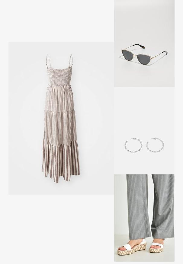 Maksikleit õhukeste rihmadega, smokk-bodiga ja kihilise äärisega. Omab vahelduvaid pruuni ja kreemikat vertikaalset triipu kogu ulatuses.; Valged vitsad sandaalid koos kudumisega espadrille tallaga, millel on sile ülemine rihm ja peene metalldetail kontsadel. Hallid triibulised püksid on nähtavad.; Kuldmetallist raami prillid tumedate läätsede ja kassiohvrikujuga, mille mustad varrukad on ühelt poolt varustatud vikerkaare aktsendiga.; Hõbedased rõngaskõrvarõngad keerutatud disainiga, millel on poleeritud viimistlus ja posti-tagune sulgemine. Diameeter umbes 3 cm.