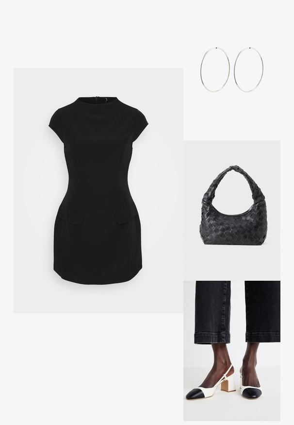Čierne priliehavé šaty s krátkymi rukávmi, okrúhlym výstrihom a dvoma prednými vreckami. Vyrobené z hladkého materiálu, so skrytým zipsom na zadnej strane.; Biele a čierne slingback topánky na blokovom podpätku s špicatou špičkou, hladkým koženým materiálom a kontrastným farebným detailom na špičke.; Čierna kožená pletená ramenná taška s okrúhlou rukoväťou a telom v tvare polmesiaca na jednofarebnom pozadí.; Strieborné kruhové náušnice s hladkým, okrúhlym dizajnom a lesklým povrchom. Sú tenké a ľahké, s jednoduchým uzáverom.