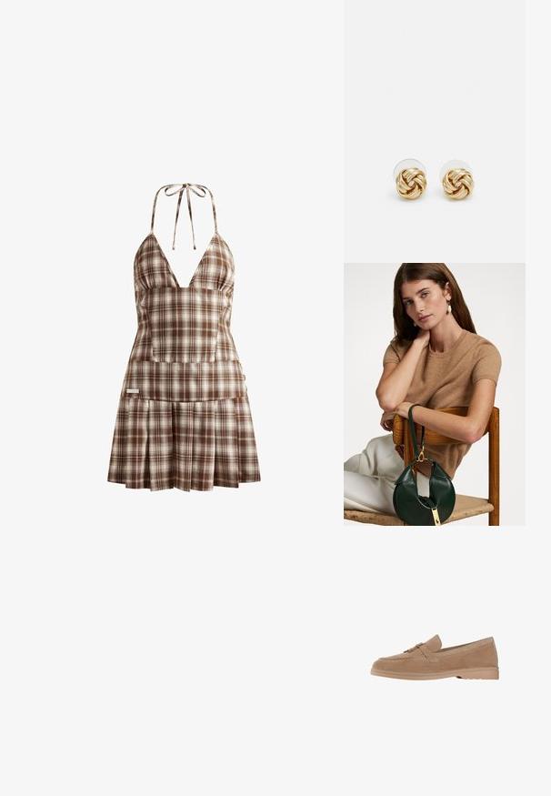 House of Sunny THE HOXTON CHECK DRESS - Jurk - multi-colored; Suède loafers in lichtbeige met een ronde neus, voorzien van een decoratieve band en details in goudkleur, geplaatst op een lichte rubberen zool.; Bruine korte mouwen sweater gecombineerd met een groene leren tas met een gebogen ontwerp en gouden hardwaredetails, zittend op een houten stoel.; Gouden knoopstuds met een gedraaide design. Elke oorring heeft een ronde transparante achterkant voor een veilige draagervaring.