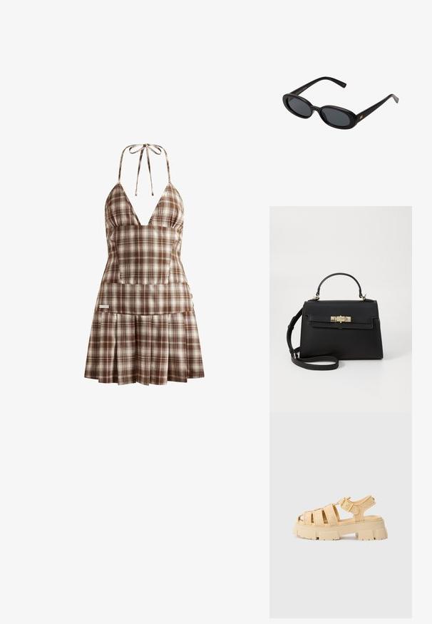 House of Sunny THE HOXTON CHECK DRESS - Kasdienė suknelė - multi-colored; Šviesiai rudos platformos sandalai su pintomis diržais ir sagtimi. Masyvus padas su tekstūruotu apdaila. Atviras pirštų dizainas. Lengvi ir kasdieniai.; Juodos didelės saulės akinių su ovaliais objektyvais, lygia plastiko rėmeliu ir aukso akcentais ant šventyklos. Tamsūs objektyvai suteikia apsaugą nuo saulės.; Juoda odinė rankinė su struktūrizuotu dizainu, viršutine rankena, nuimamu peties dirželiu ir auksinės spalvos detalėmis. Yra priekinis užsegimas.; Auksinis stačiakampis laikrodis su žaliu gradientiniu ciferblatu, auksiniais valandų ženklais ir tinkline apyranke. Ant ciferblato užrašytas prekės ženklas "CLUSE".; Aukso spalvos mazgo auskarai su sukimo dizainu. Kiekvienas auskaras turi apvalų skaidrų pagrindą, užtikrinantį saugų dėvėjimą.
