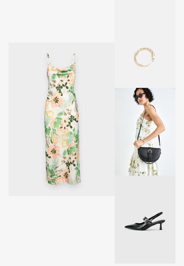 Gėlių rašto slip suknelė, pabrėžianti šviesiai rožinių, žalių ir grietinėlės atspalvių derinį, su sulenkta iškirpte, plonomis petnešėlėmis ir lygiu paviršiumi.; Juodai lakuoti slingback aukštakulniai su smailiu kojų pirštu ir mažais blokiniais kulniukais, su sidabro sagtimi ant dirželio.; Juodas odinis krepšys su išlenkta forma, nuimamu dirželiu ir auksiniais detalėmis. Krepšys turi kilpą su sagtimi.; Auksinės spalvos žiedas, turintis organišką, sukimosi dizainą su lygiu paviršiumi ir siaurėjančiais galais, sukuriantis modernią skulptūrinę išvaizdą.