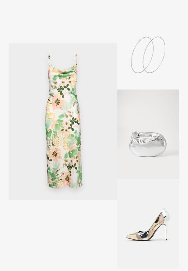 Gėlių rašto slip suknelė, pabrėžianti šviesiai rožinių, žalių ir grietinėlės atspalvių derinį, su sulenkta iškirpte, plonomis petnešėlėmis ir lygiu paviršiumi.; Aštrus pirštas aukštakulnis batelis su sidabro, aukso ir nuogų spalvų deriniu. Blizgus paviršius su išpjovos dizainu, su stiletto kulnu.; Sidabrinė metalinė maišelio forma su švelnia, apvalia forma ir mazgu užveriamu viršumi. Pagaminta iš lygios dirbtinės odos medžiagos.; Sidabrinės pusmėnulio auskarai minimalistiniu dizainu. Apskritimo forma, lygus paviršius ir plonas profilis. Lengvi su poliruotu apdailu.