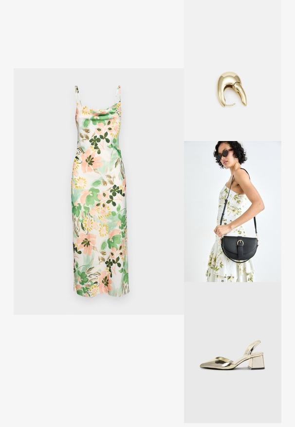 Ziedu kleita ar pastelīgiem rozā, zaļiem un krēma toņiem, ar peļānas kakla izgriezumu, plāniem plecu siksniņām un gludu tekstūru.; Zeltaini, metāla kurpes ar siksniņām, norakans purngalis un masīla papēdis. Gluda tekstūra, minimālisma dizains un šaura siksna.; Melnas ādas rokassoma ar izliekta formu, noņemamu siksnu un zelta aksesuāriem. Somai ir vāciņš ar sprādzes detaļu.; Zeltīti metāla auskari ar gludu, izliekta dizaina. Ar atšķirīgu smailu formu, pulētu virsmu un eņģu aizdari.